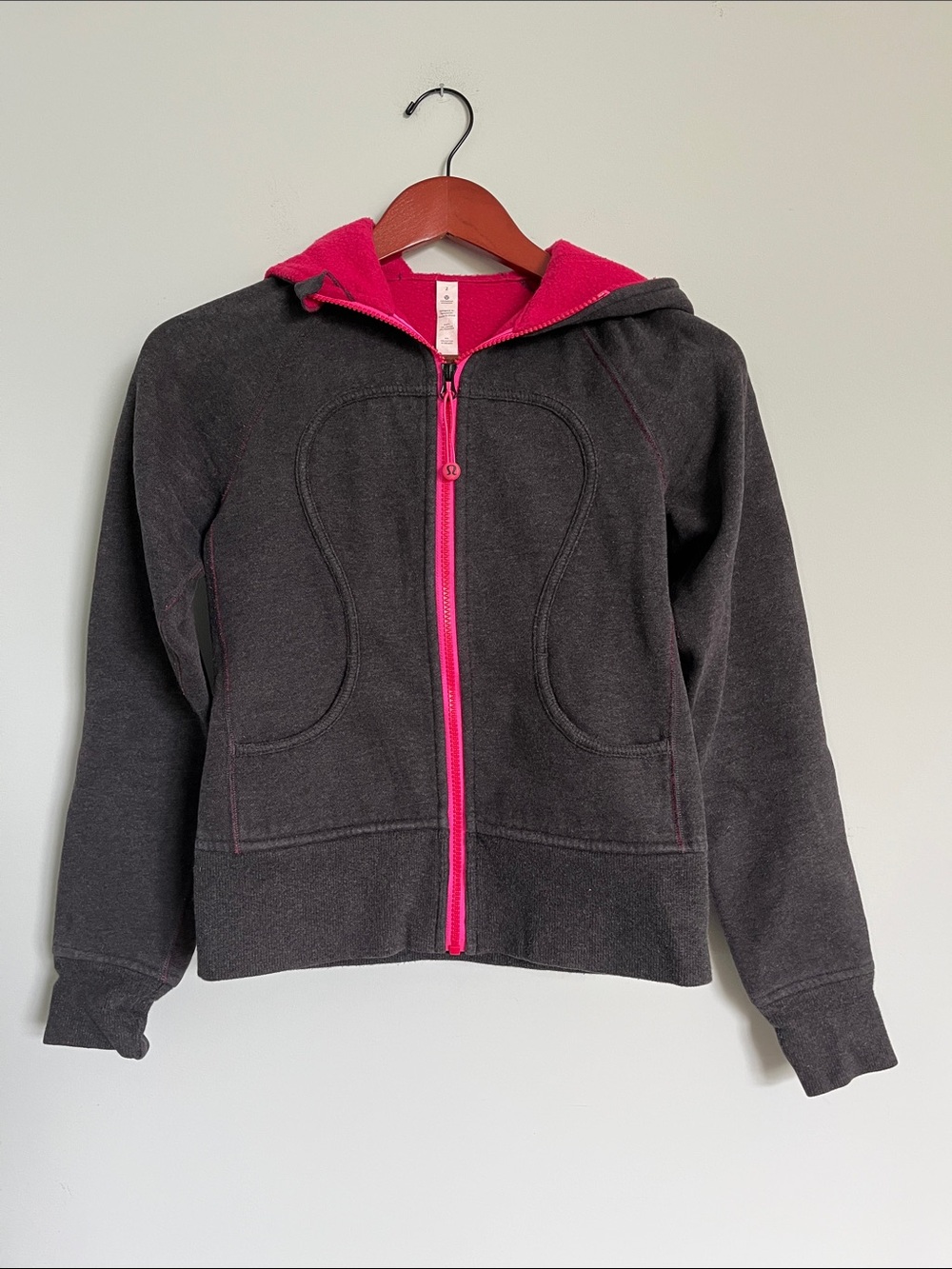 Lululemon Scuba Full-Zip Hoodie | Pink & Charcoal Grey | Size 2 | Rare Hood Logo
